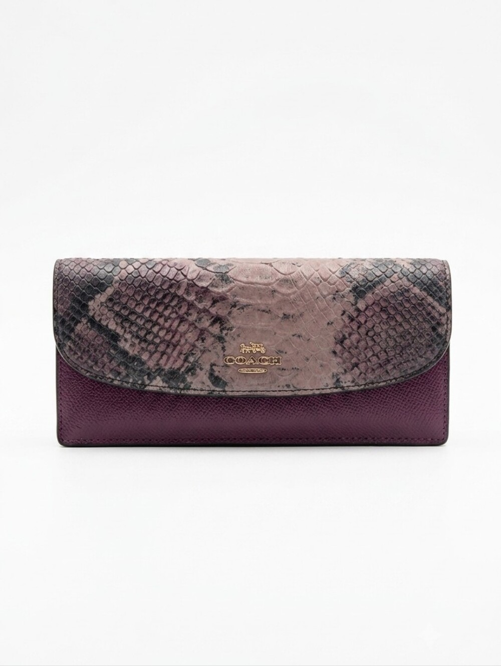 Coach Plum Leather Continental Wallet with Python-Print Envelope Style